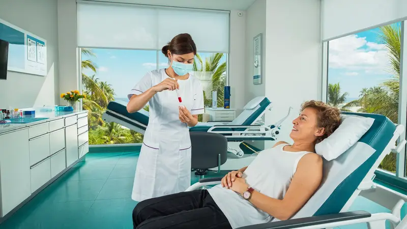 Blood biomarker testing in a modern medical diagnostic room in Bali