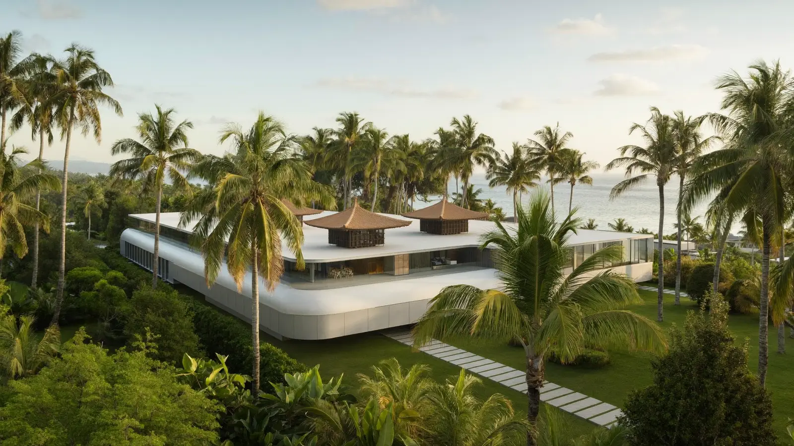 Modern international hospital campus in Sanur, Bali surrounded by palm trees