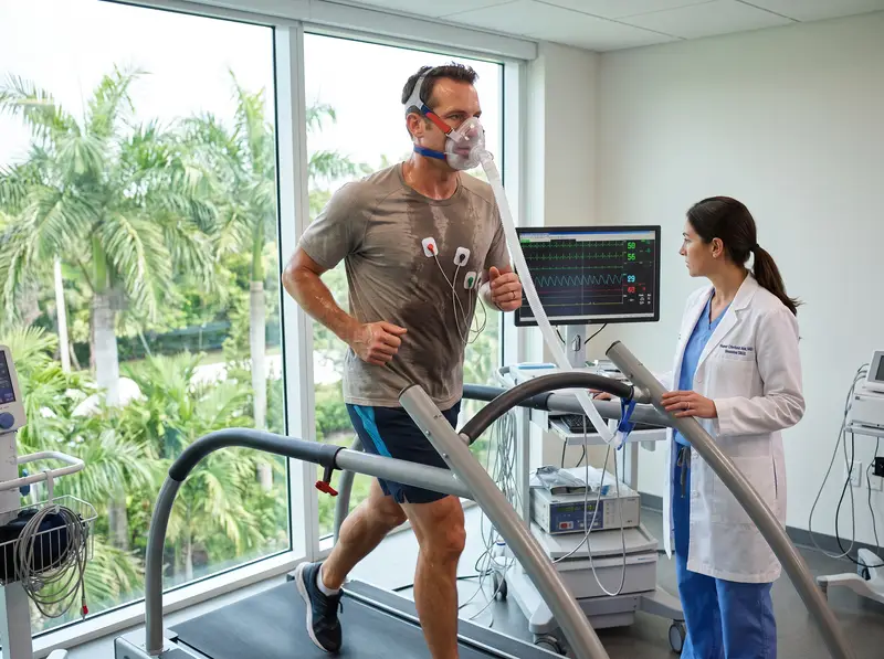 Businessman in his forties during a VO2 Max cardiopulmonary exercise test, doctor monitoring beside him