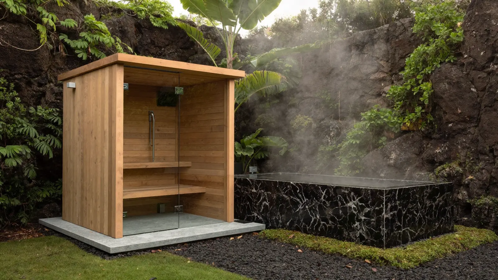 Outdoor sauna and ice bath contrast therapy zone in a tropical Bali garden