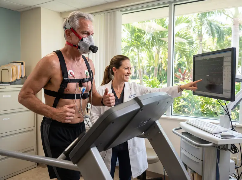Healthy man in his sixties during an ECG-monitored VO2 Max treadmill test with a doctor beside him